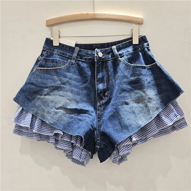 Jeans Shorts Women Vintage Denim Short Pants High Waist Detachable Hem Plaid Cloth Distressed Washed Streetwear Summer Denims