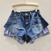 Jeans Shorts Women Vintage Denim Short Pants High Waist Detachable Hem Plaid Cloth Distressed Washed Streetwear Summer Denims