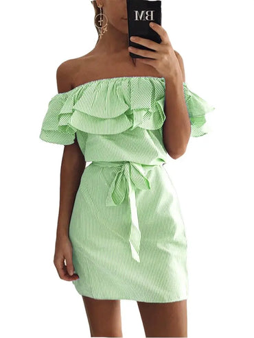 Off Shoulder Strapless Striped Ruffles Dress Women 2023 Summer Sundresses Beach Casual Shirt Short Mini Party Dresses Robe Femme