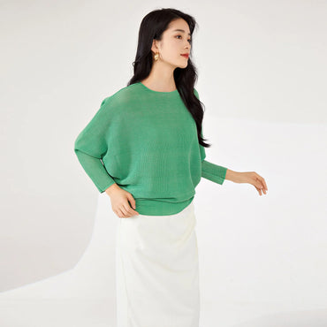 Spring & Summer Women's Casual T-Shirt New Style Pleated Loose Bat Sleeve Solid Color Woven Fabric Elastic Long-Sleeved Top