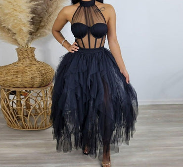 Women Sexy Solid Color See Through Mesh Patchwork Halter Backless Ruffles Decor Party Dress