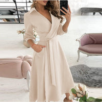 Sexy Women V-Neck Sexy Dresses Elegant Butterfly Print Long Sleeve Lace Up Wrap Midi Dress