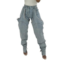 Jeans Women Straight Pants Hollow Out Zipper High Strecth Pockets Irregular Denims Vintage Distressed Streetwear 2025 Trousers
