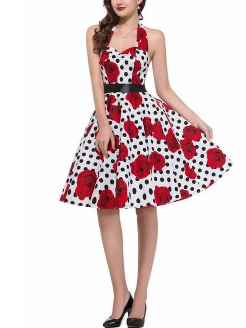 Elegant Women Pink Polka Dot Dress Summer Robe Hepburn 1950s 60s Vintage Sexy Halter Rockabilly Retro Party Dresses 2026 Vestido