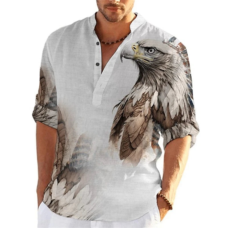 Men's 3D Button Shirt T-shirt Summer New Fashion Personalized Graffiti Standing Collar Casual Long sleeved Shirt Extra Large