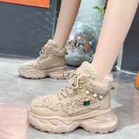 2024 New Winter Fashion Warm Shoes Crystal Metal Decorative Sports Shoes Women's Luxury Velvet Warm Boots zapatos de mujer