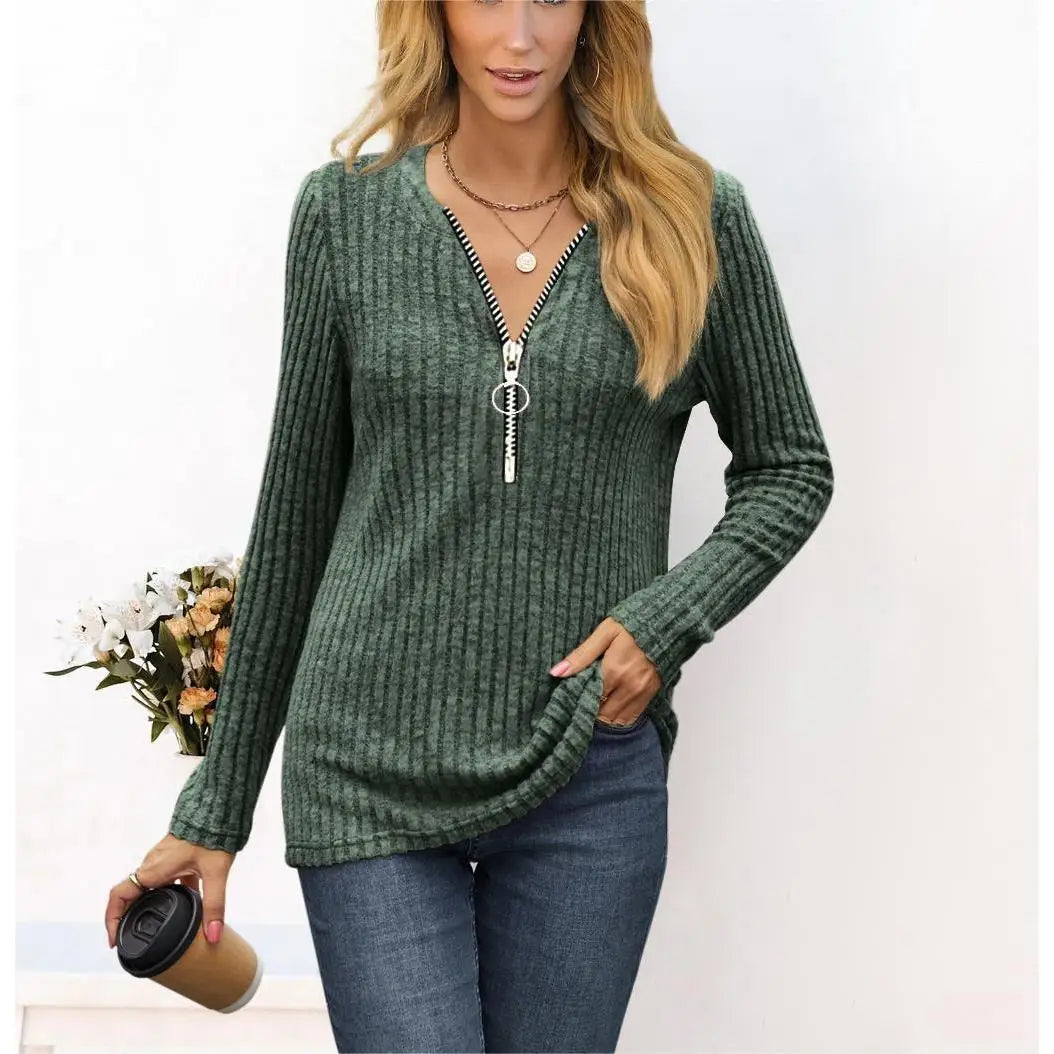 Women's Chest Zipper Pleated Long Sleeve T-Shirt Top Commute Style Iron-Free Processing Pure Color Other 100% Fabric