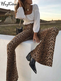 Hugcitar High Waist Leopard Print Flare Leggings 2021 Autumn Winter Women Fashion Sexy Bodycon Trousers Club Pants