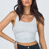 Women Sexy Solid Tank Tops Ribbed Knitted Elastic Crop Tops Off Shoulder Stretch Vest Ruched Drawstring Adjustable  Tee QT023