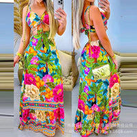 Women Floral Flower Printed Halter Neck Sleeveless Sexy Long Loose Maxi Dress High Waist Floor Length Summer