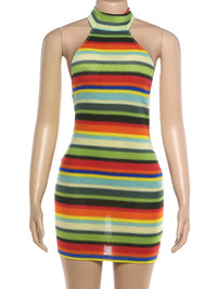 Kliou Stripe Patchwork Mini Dress Woman Bandage Halter Off Shoulder Backless Skinny Peach Hip Hot Girls Street Fashion Bodycon