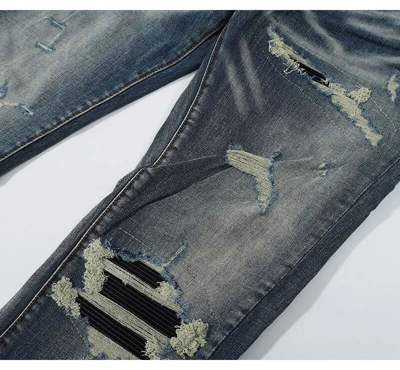 Fashionable new men's jeans with pleated elastic slim fit, retro washed blue jeans, high street designer hip-hop brand pants, ho