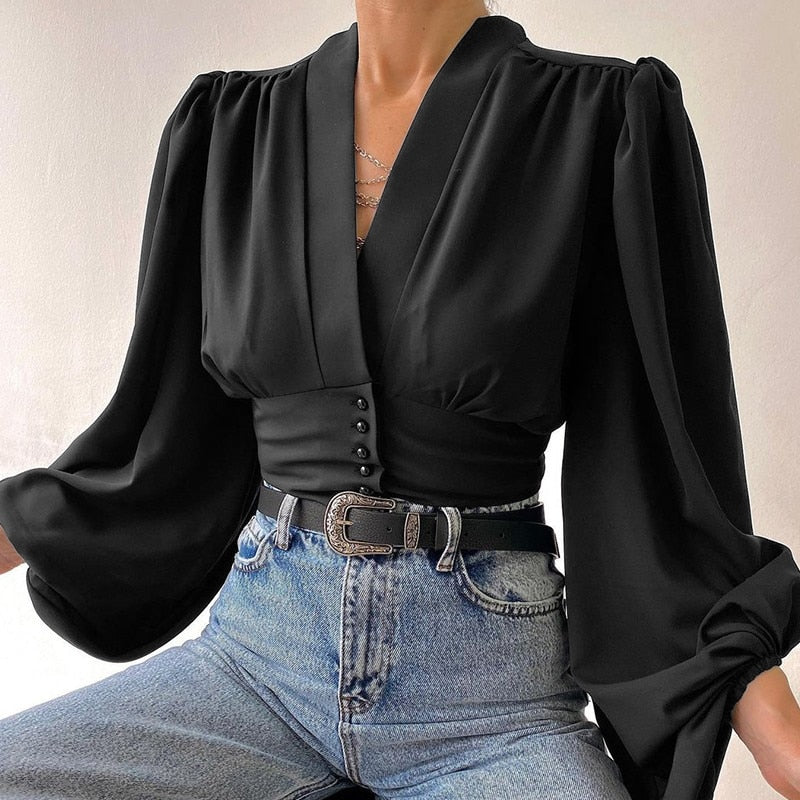 Celmia Vintage Blouses for Women 2023 Fashion Lantern Long Sleeve Buttons Front Crop Tops Sexy V-neck Shirts French Party Blusas