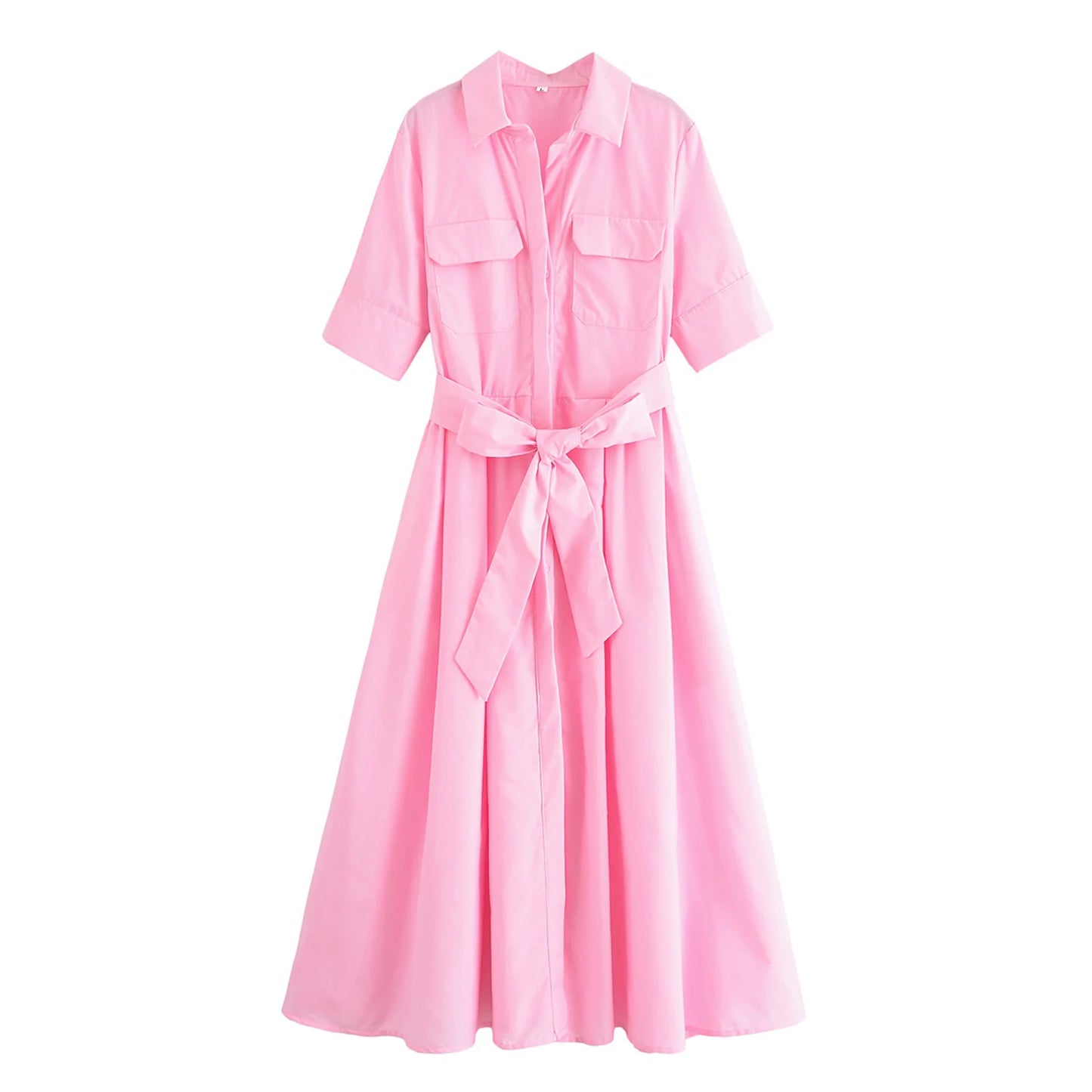 HH Women Fashion Lapel Short Sleeve Pocket Single-Breasted Belt Decorate Midi Dress Female Summer Elegant Slim Pleated Dress