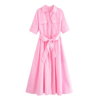 HH Women Fashion Lapel Short Sleeve Pocket Single-Breasted Belt Decorate Midi Dress Female Summer Elegant Slim Pleated Dress