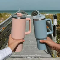 40oz 304 stainless steel vacuum insulated water cup with handle, straw cover, car portable sports travel cup leak proof design