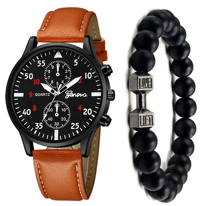 2/1pcs Men Sports Watches Set Man Business Quartz Wristwatch Luxury Brown Leather Bracelet Men Casual Clock Watch（no Box）gifts