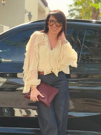 Spring Solid Ruffle Blouse Women 2025 New V Neck Single Breasted Long Sleeve Blouses Vintage Fashion Casual Shirt Tops Female