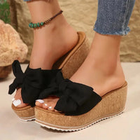 Women Wedge Slippers 2025 Leisure Large Size Shoes Women Platform Outdoor Sandals Leopard Print Bow Tie Slippers Slides Women