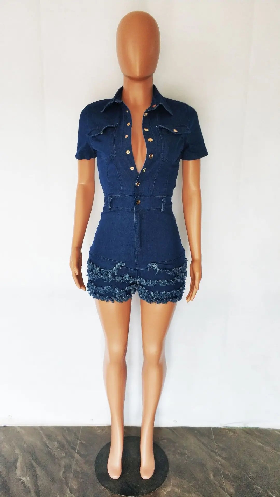 Jumpsuit Women 2023 Summer Fashion Ruffled Fringed Raw Edge Casual Turn-Down Colla Short Sleeved Pocket Design Denim Jumpsuit