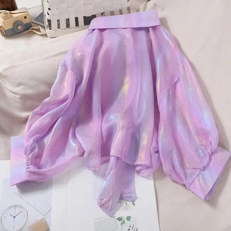 Button Up Shirts Women Half Sleeve Shining Sparkles Tied Waist Sexy Chiffon Blouses Shirts For Women Summer Spring