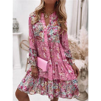 Women Floral Print Dress Oversize Elegant Pleated Long Sleeve Casual Dresses Female V Neck Loose Bohemian Beach Holiday Dresses