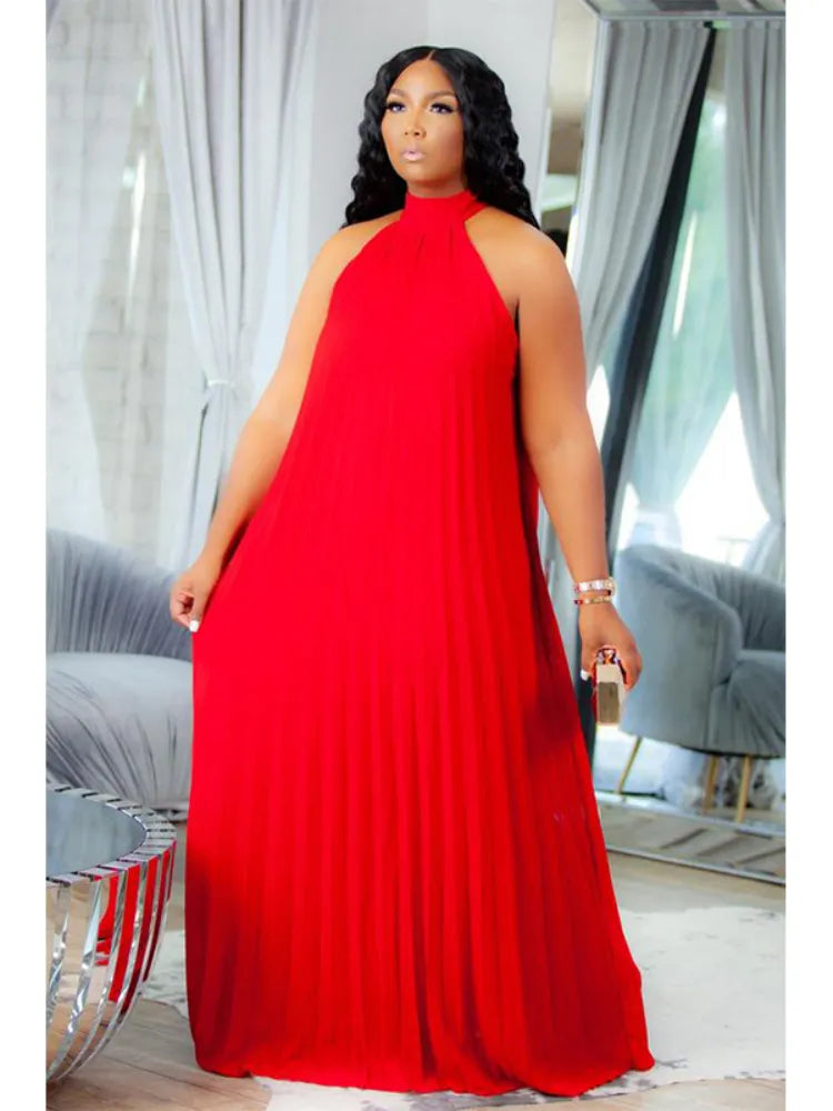 Red Plus Size Dresses 4XL 5XL Halter Long Loose Chiffon Outfits Pullover Sleeveless Evening Birthday Cocktail Party Gowns 2023