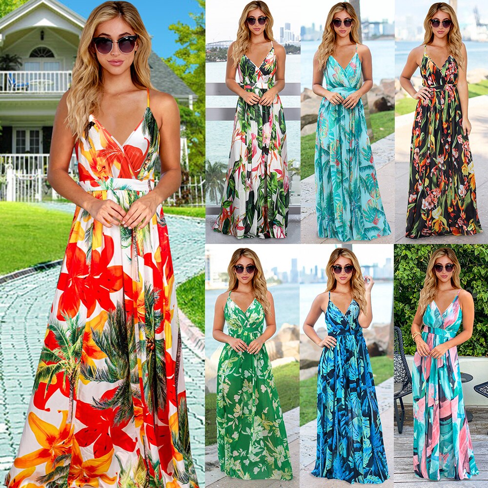 New Spring Summer Women Casual Tropical Boho Floral Print Evening Party Beach Long Maxi Straps Dresses Sexy Backless Sundress