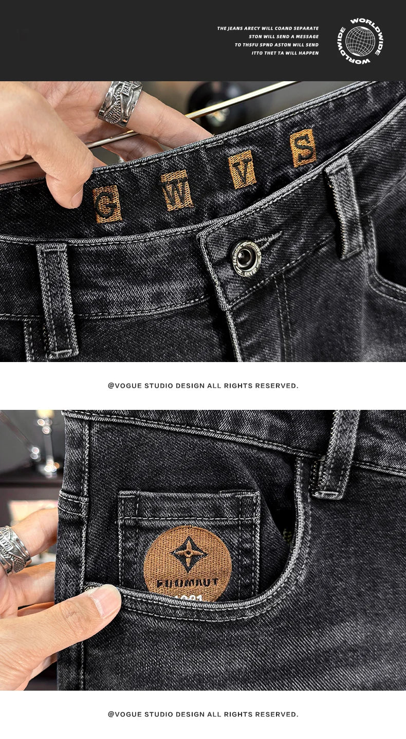 Men's Jeans Casual Long Straight Stretch Denim Pants Autumn Winter Classic Belted Jeans Korean Fashion Blue Black Jean Trousers