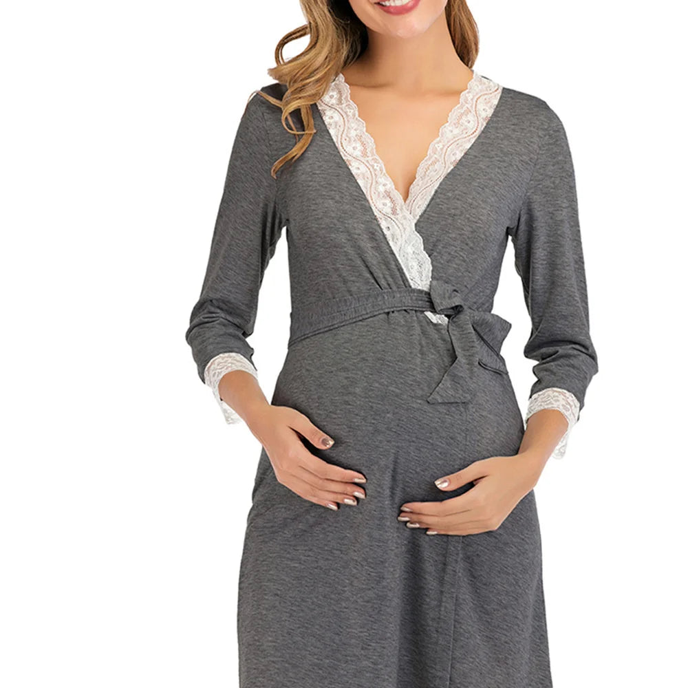 Pregnant Women Nursing Nightwear Pajama Maternity Robe Nightgown Lace Trim Half Sleeve Sleepwear Ropa Mujer Embarazada Premama