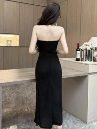 Women's White Elegant Birthday Evening Party Strapless Long Dress Summer Black Sexy Club Backless High Split Gowns Dress Fashion