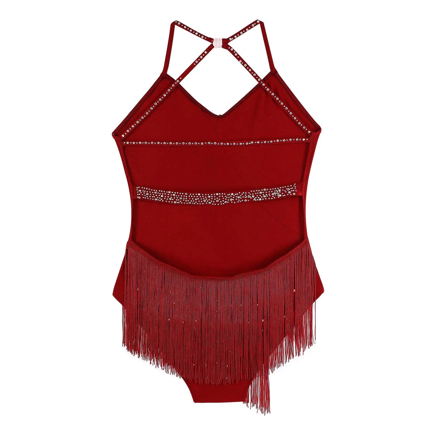 Women Latin Dance Leotard Sleeveless Halter Neck Rhinestones Adorned Backless Tassels Leotard for Performance Competition