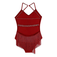 Women Latin Dance Leotard Sleeveless Halter Neck Rhinestones Adorned Backless Tassels Leotard for Performance Competition