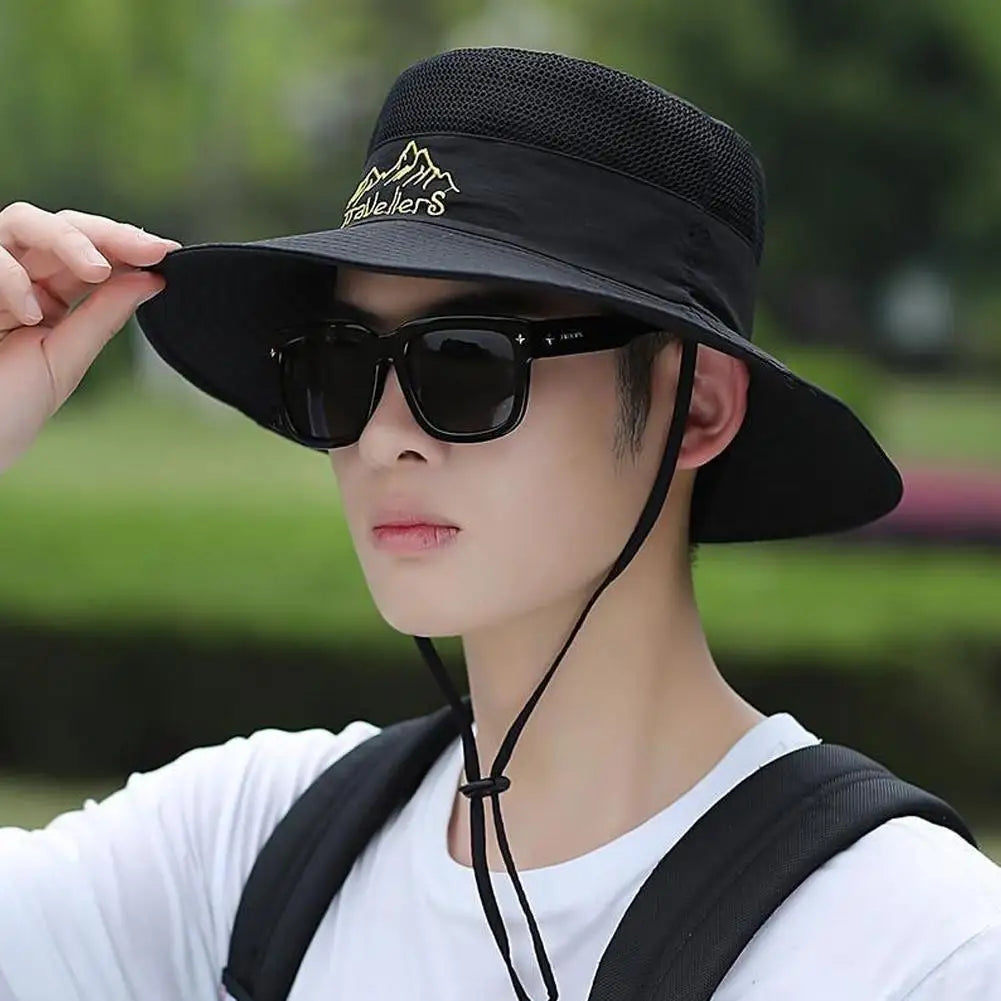 UPF 50+ Wide Brim Sun Hat Fishing Hat Men Women Breathable Hiking Cap UV Protection Foldable Adjustable Strap Cotton Linen