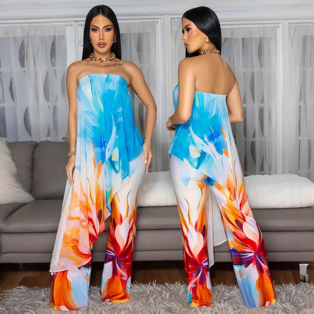 CM.YAYA Beach Holiday Print Women's Set Strapless High Low Blouse Top and Pants Suit 2025 Street Summer Two 2 Piece Sets Outfit