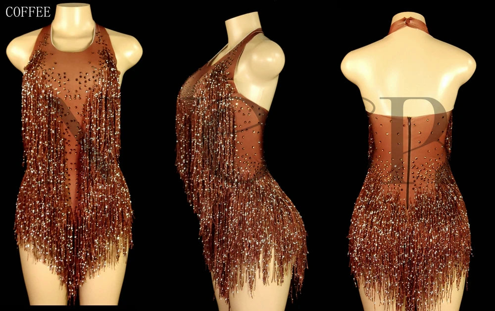 Sparkly Rhinestones Fringes Leotard Women Nightclub Party Outfit Dance Costume One-piece Stage Wear Sexy Performance Bodysuit