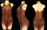 Sparkly Rhinestones Fringes Leotard Women Nightclub Party Outfit Dance Costume One-piece Stage Wear Sexy Performance Bodysuit
