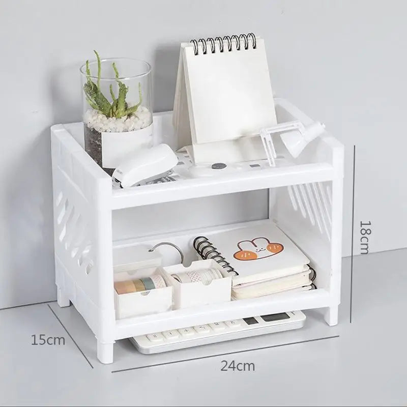 1PC PP Desktop Double Layer Storage Rack Rectangular White Organizing Student Desk Office Cosmetics Stationery