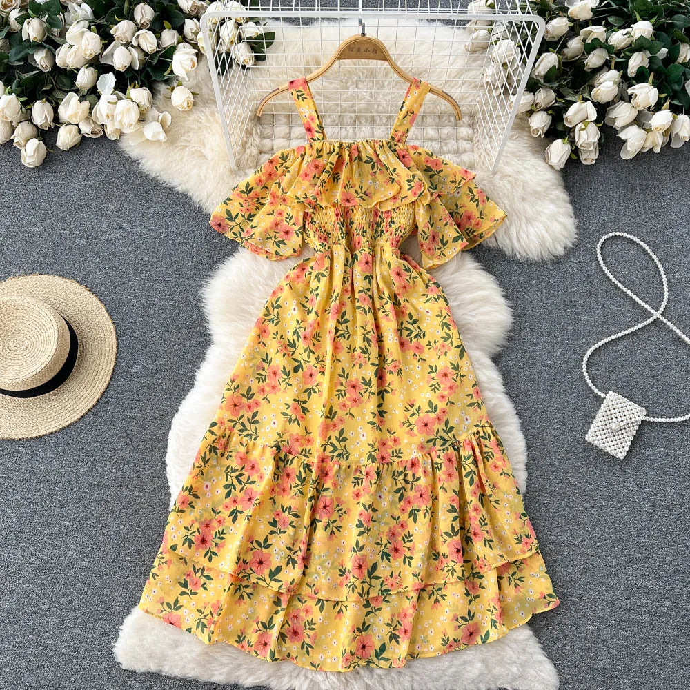 Boho 2023 Sexy Ruffles Summer Off Shoulder Long Dress Spaghetti Strap Floral Print Party Elastic Waist Women Casual Beach Dress