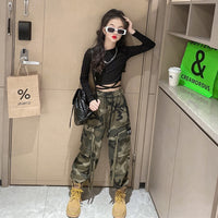 Girls Set Slim Tops Ripped Camouflage Pants Dance Two Piece Autumn Teenager Kids Sportswear 12 13 14 Years Children's Clothing