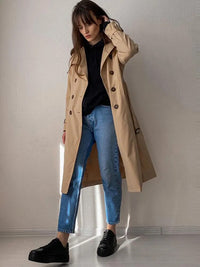 FTLZZ New Autumn Winter Women Vintage Turn-down Collar Double Breasted Long Trench Casual Ladies Slim Trench with Belt