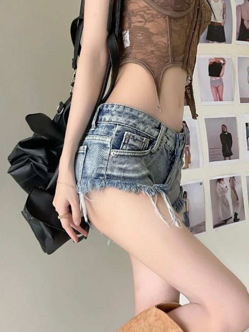 Sexy Hot Girl Denim Shorts Fashion Women Low Waist Retro Y2K Slim Elastic Streetwear Short Jeans Casual Commute Ripped Trousers