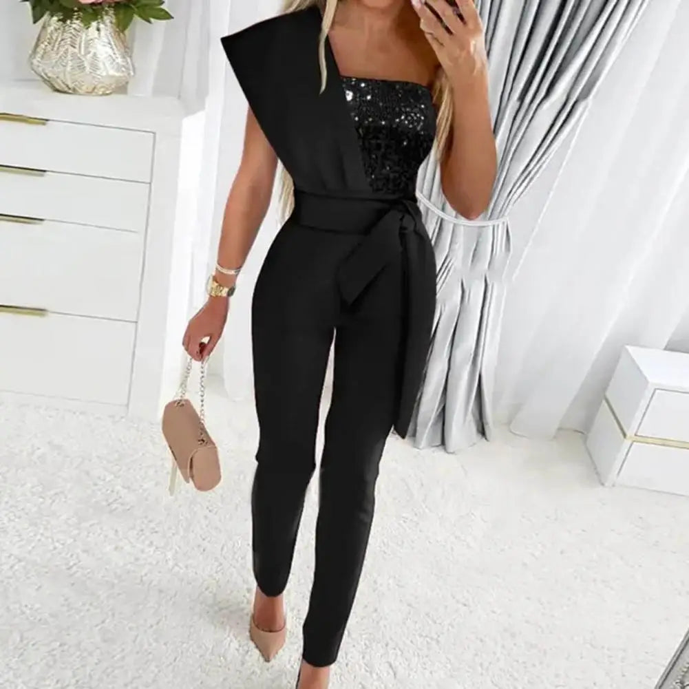 Popular Sexy Romper Elastic Women Jumpsuit Bandage Sexy One Shoulder Straight Romper  Dressing Up