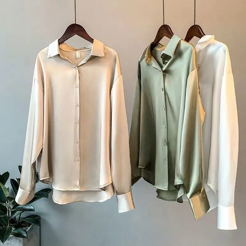 Autumn 2022 Womens Clothing Silk Shirt Vintage Blouse Women Sheer Top Women Long Sleeve Dress Shirt Plus Size Women Overshirt