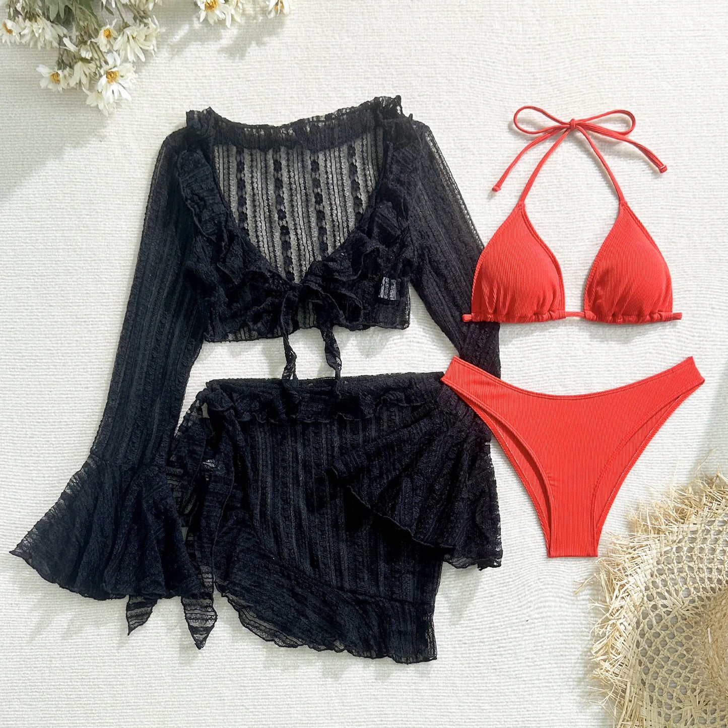 2025 new lace mesh four-piece swimsuit split bikini swimsuit