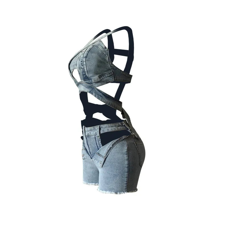 2 Piece Sets Women Denim Shorts Suit Sexy Vest Top Strap Backless Jeans Short Pants Pockets Outfits 2025 Streetwear Ensemble