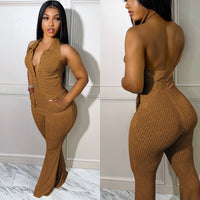 Casaul Women Jumpsuit Knit Ribbbed Backless Halter With Bottom Solid Color Streetwear Long Romper Women Jumpsuit Overalls