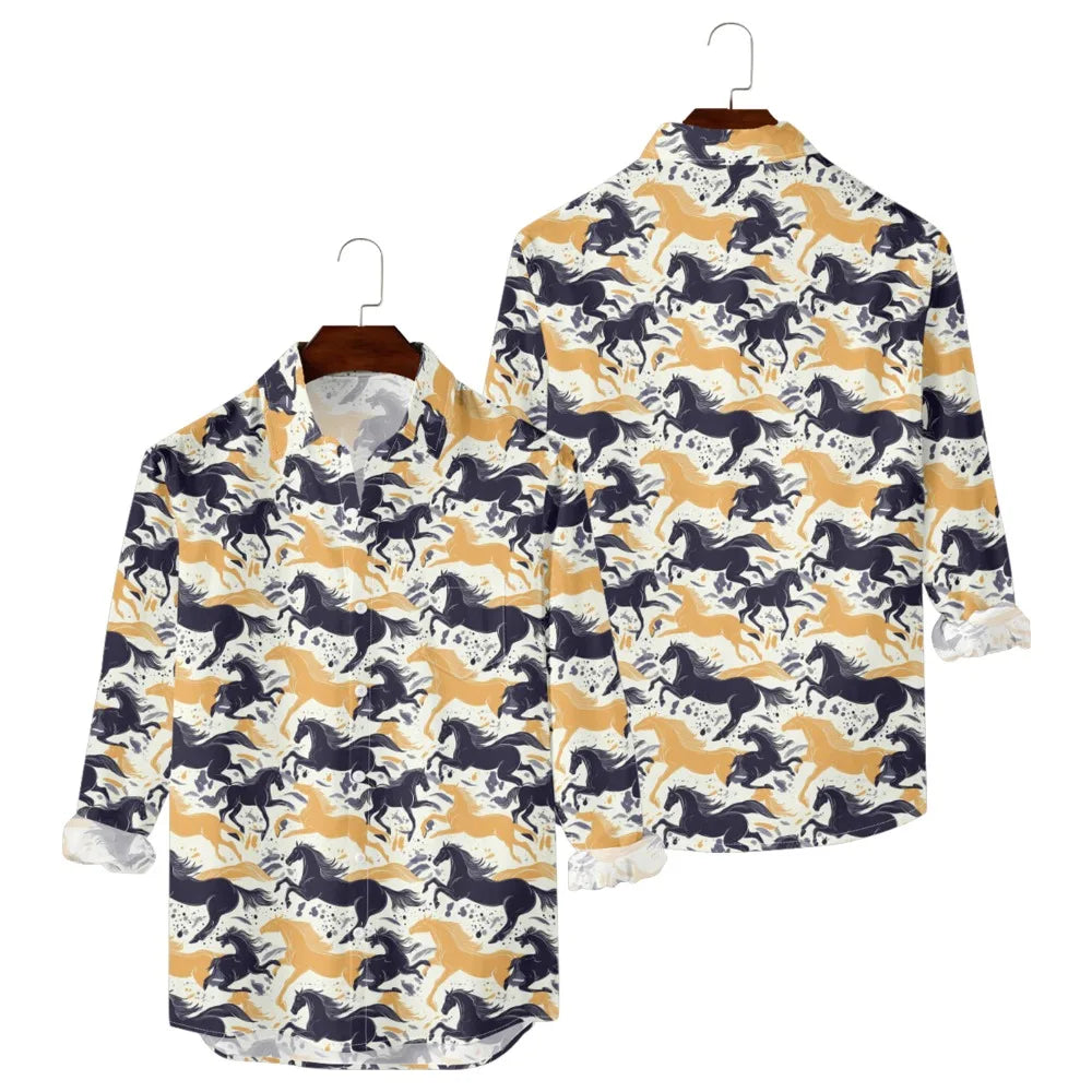 Hawaiian Button Up Shirts Equestrian Bloom Horse Floral Printed Full Sleeve Streetwear Casual Men Summer Vacay Beach Parties