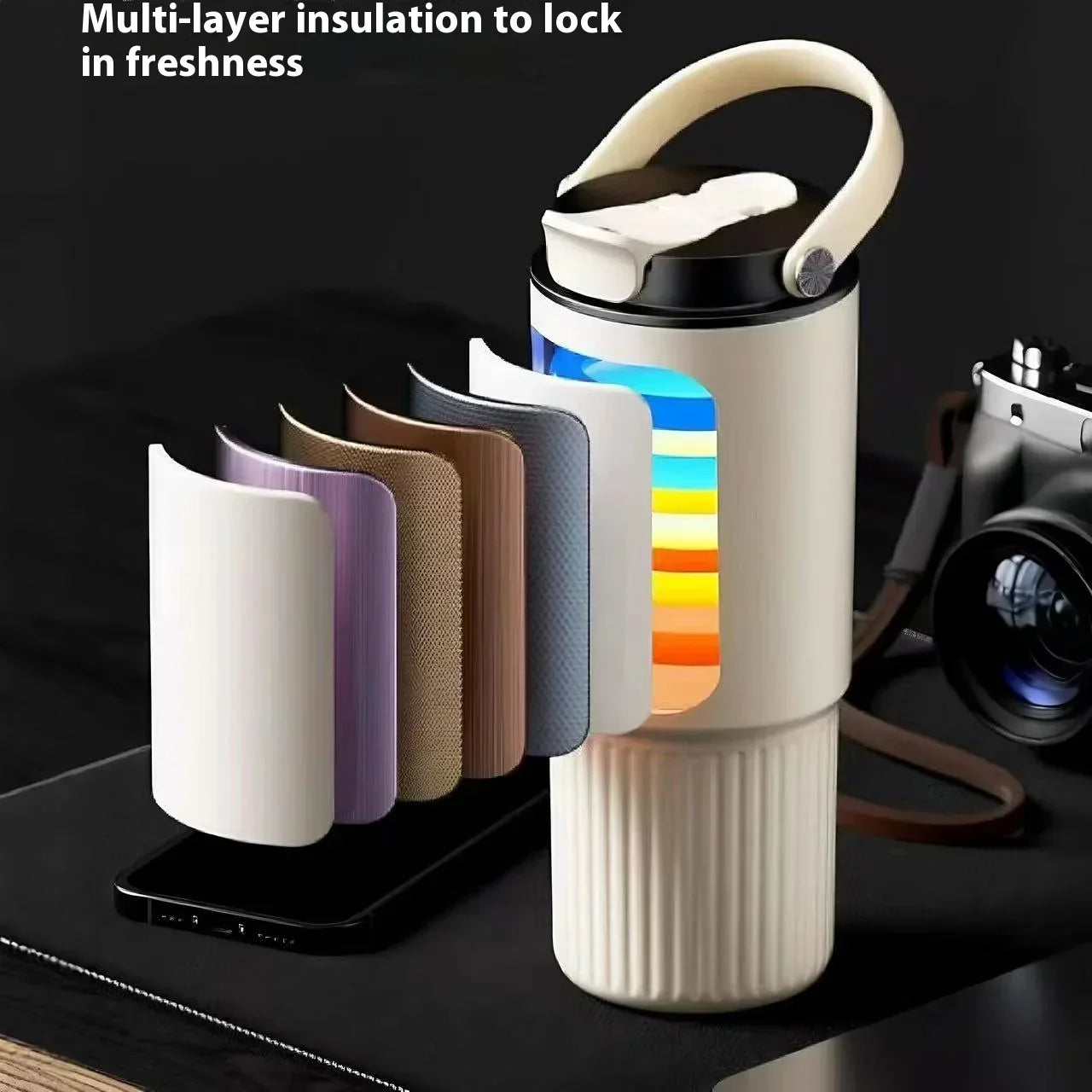 Stainless Steel Insulated Tumbler - 40 Oz, Leakproof / BPA-Free, with Handle and Car Cup Holder - Ideal for Outdoor Coffee