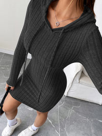 Trendy Ribbed Knitted Hooded Slim Fit Dress with Drawstring - Comfortable Casual Style for Women